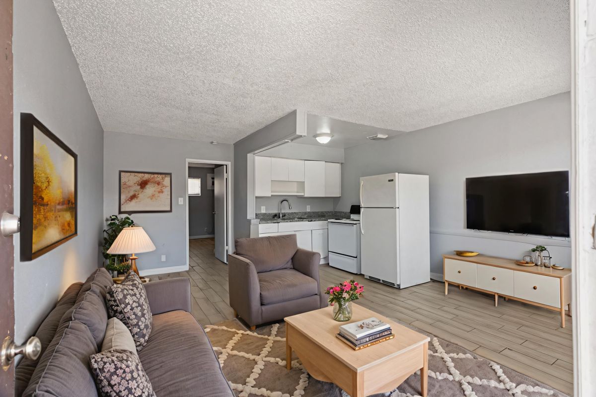 Renovated living room and kitchen in a Lighthouse apartment